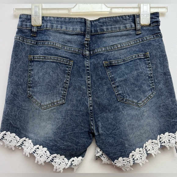 Up-Cycled Blue Denim and White Jean Shorts with Lacy Trimmed Frayed Hem - Picture 4 of 7